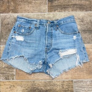 Levi's 501 Distressed Blue Denim Jean Shorts Button Fly Frayed Hem Size 27